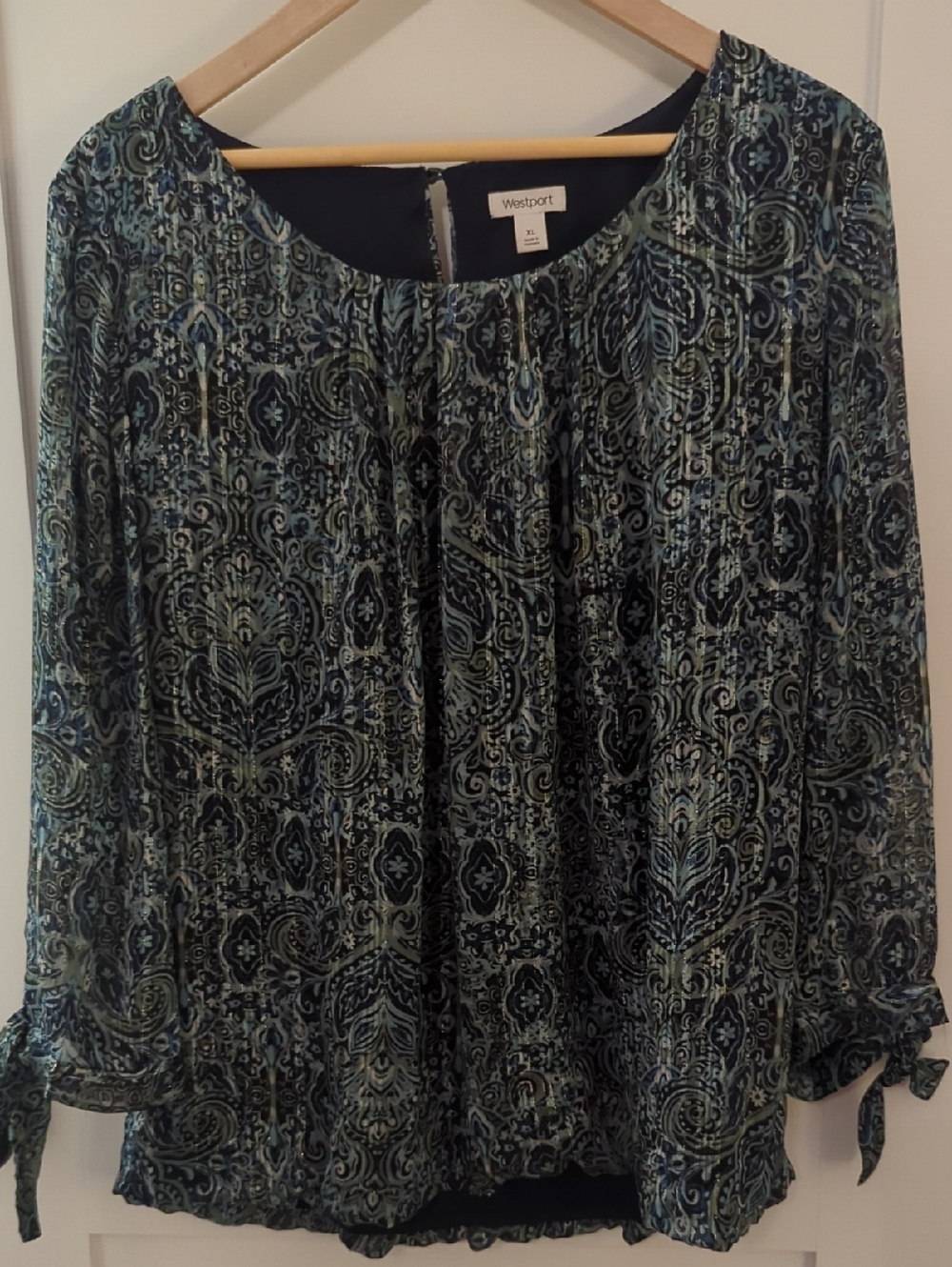 Westport Navy and Blue Paisley Tie-Sleeve Blouse
